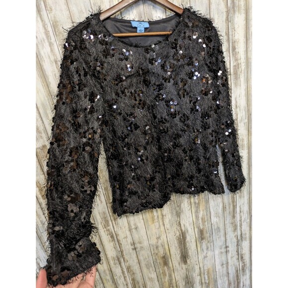 CeCe Black Sequin Feather Fringe Cocktail Top Long Sleeve Women's Small NWT $89 - Picture 2 of 11